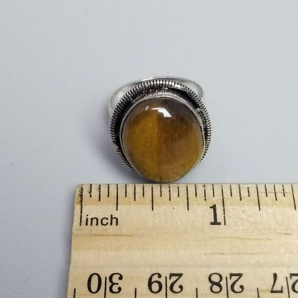Vintage Brown Tigers Eye Oval Cabochon Ring, Size 7 Silver Tone Bezel Set Band - Picture 6 of 8